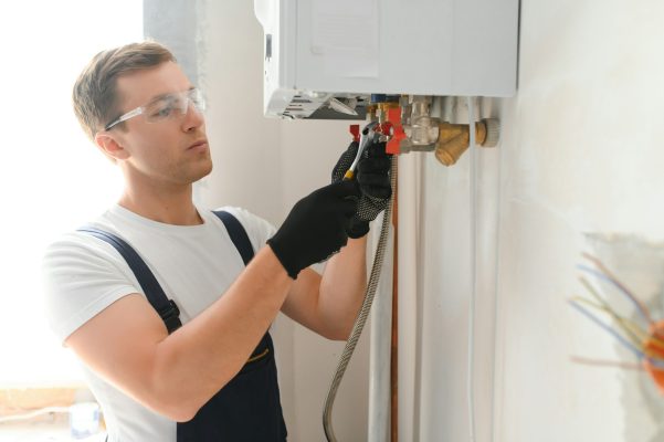 Professional plumber checking a boiler and pipes, boiler service concept